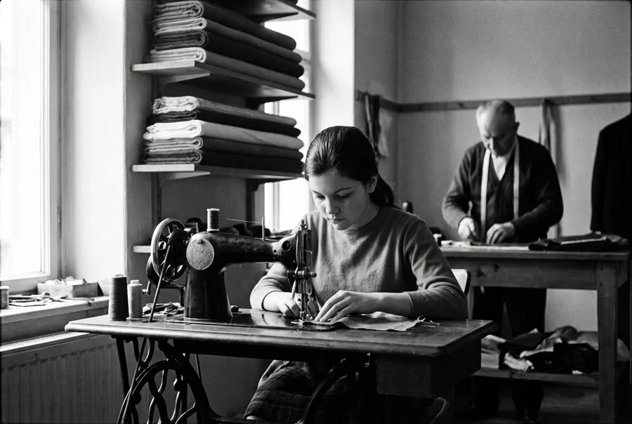 Margarete als Lehrling an der Nähmaschine, 1964