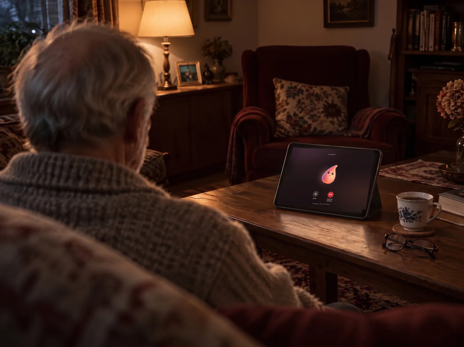 Ein älterer Herr auf dem Sofa, vor ihm ein Tablet mit Vita