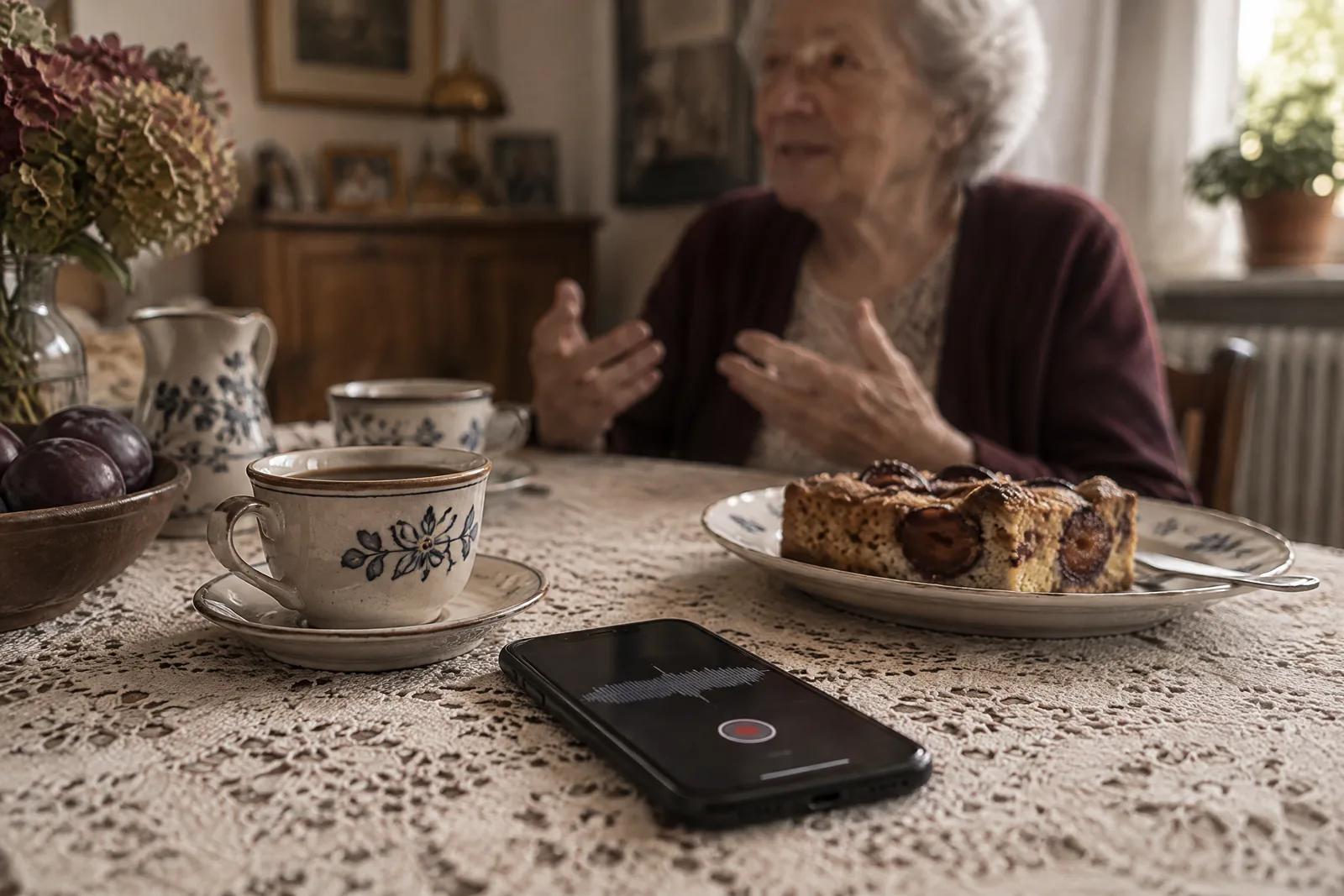 Ein Smartphone nimmt am Kaffeetisch ein Gespräch auf