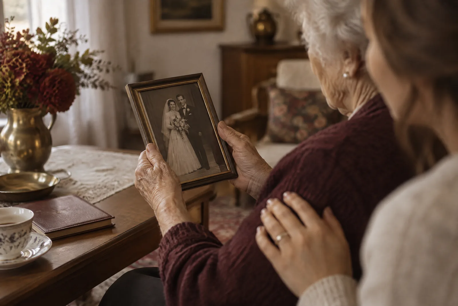 Eine ältere Frau hält ein Hochzeitsfoto, die Hand ihrer Tochter liegt auf ihrem Arm