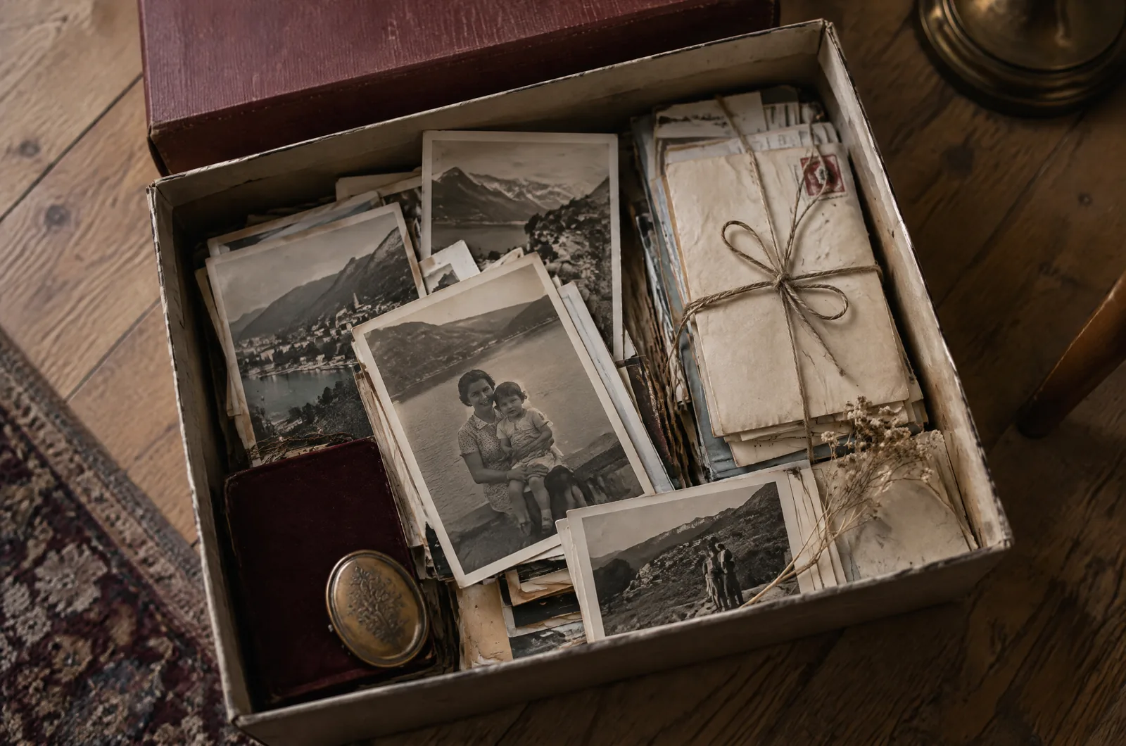 Ein Karton voller Familienfotos, Postkarten und Briefe