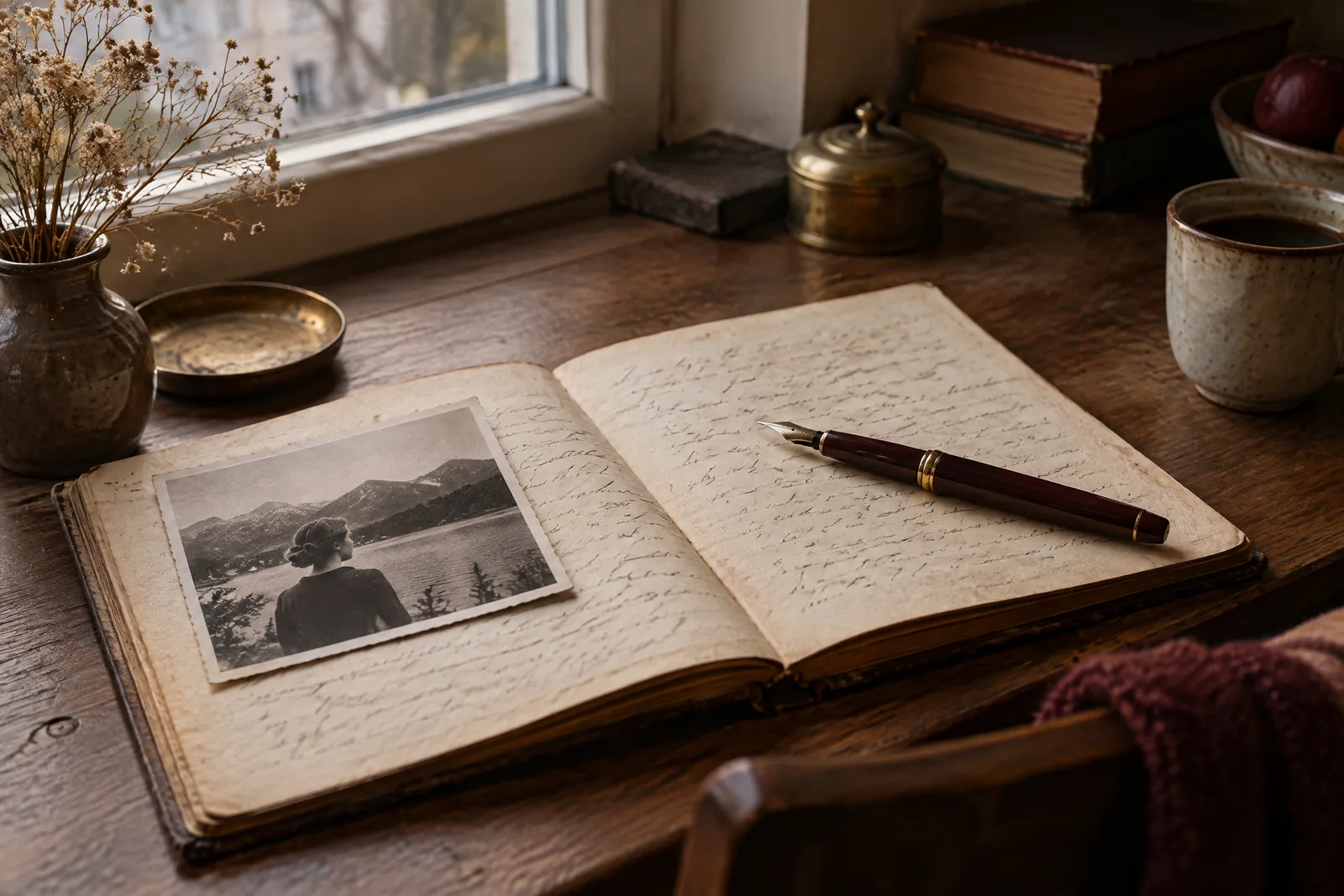 Ein altes Notizbuch mit Handschrift, ein Füller und ein Schwarzweißfoto