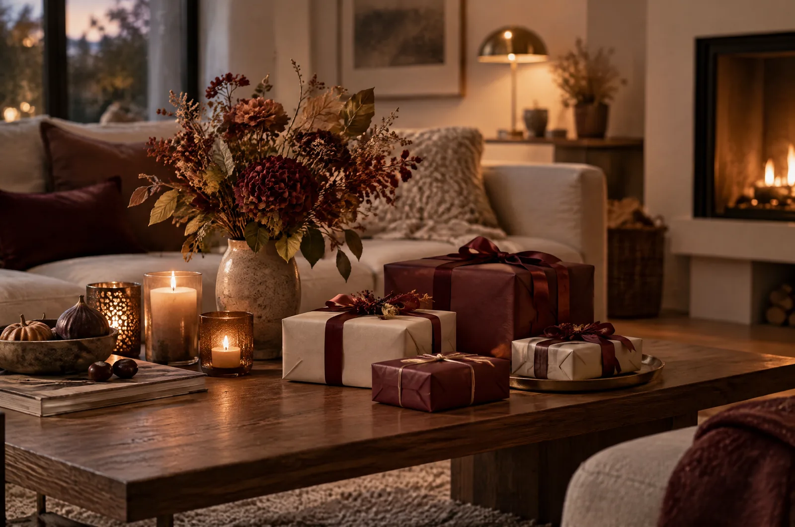 Verpackte Geschenke, Kerzen und Herbstblumen auf dem Wohnzimmertisch