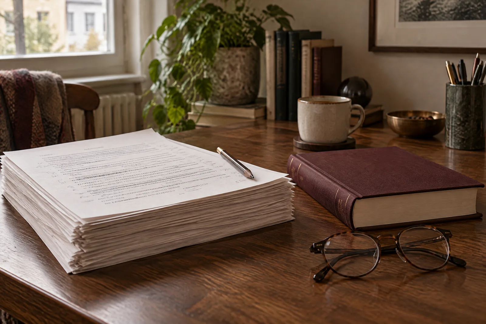 Ein Stapel korrigierter Manuskriptseiten neben einem gebundenen Buch