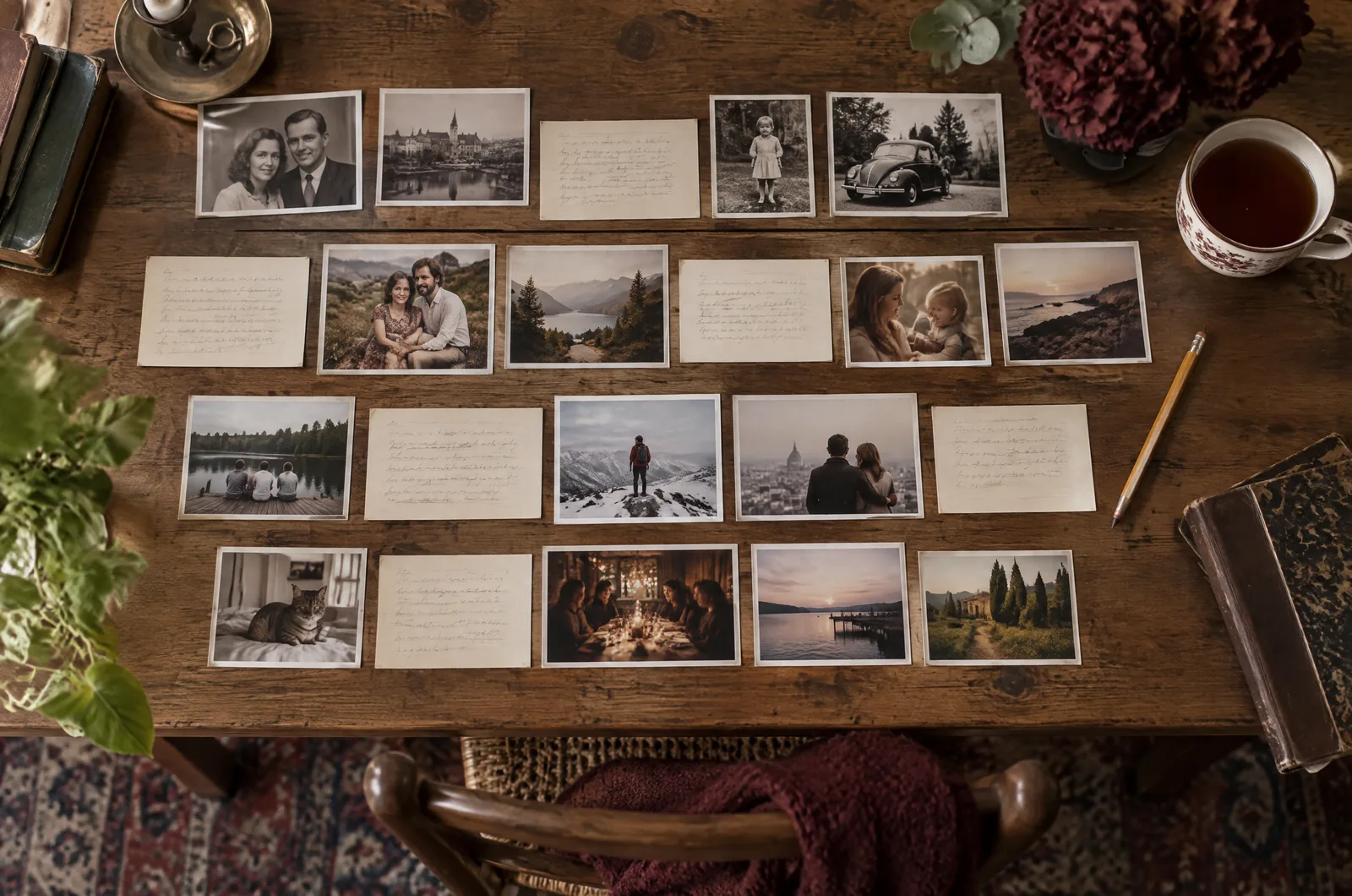Alte Familienfotos in Reihen auf einem Holztisch geordnet