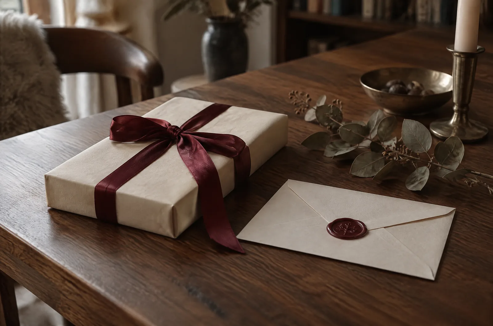 Ein verpacktes Geschenk mit roter Schleife und ein versiegelter Brief auf dem Tisch