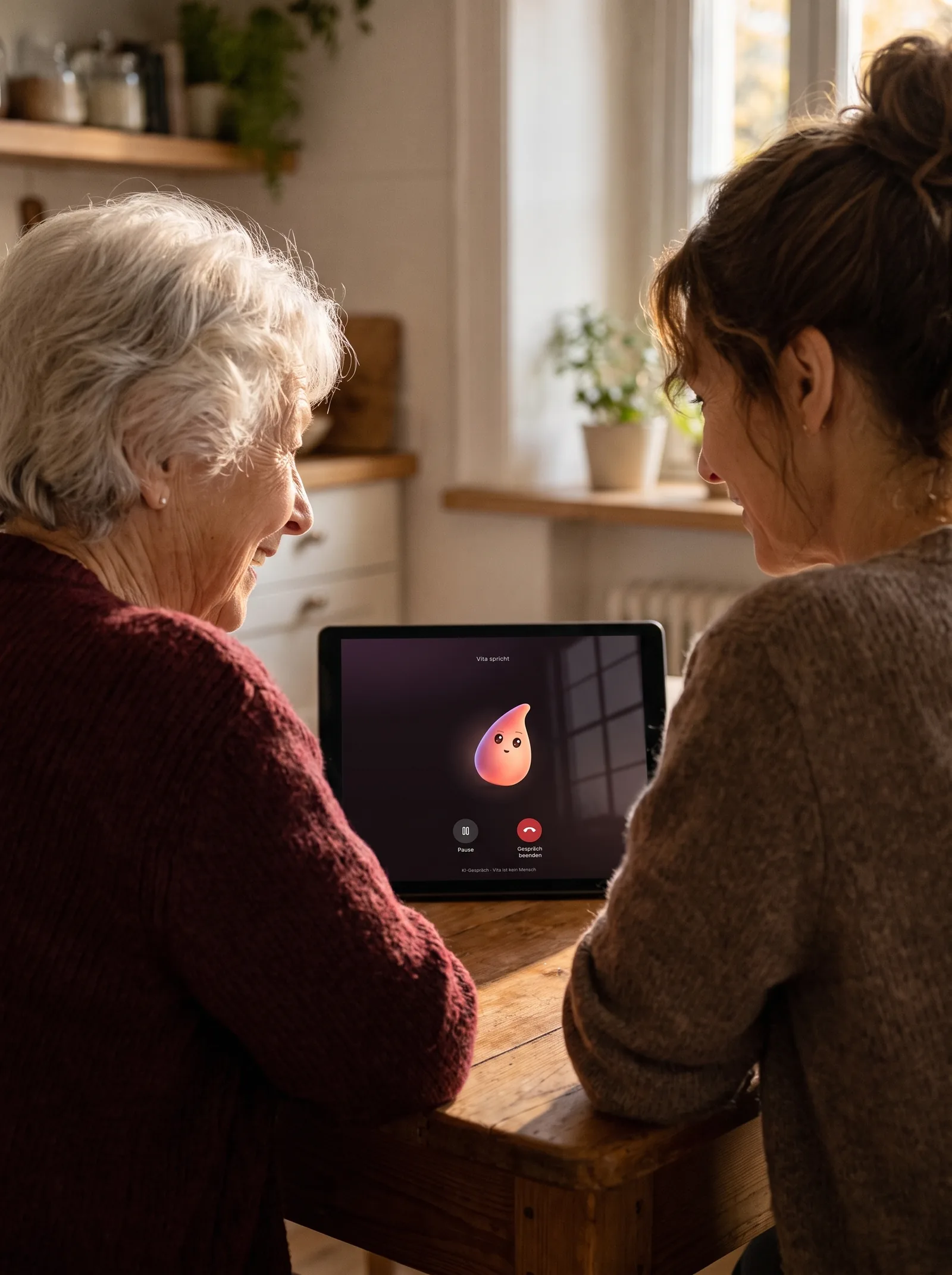 Mutter und Tochter am Küchentisch, beide schauen lachend auf ein Tablet