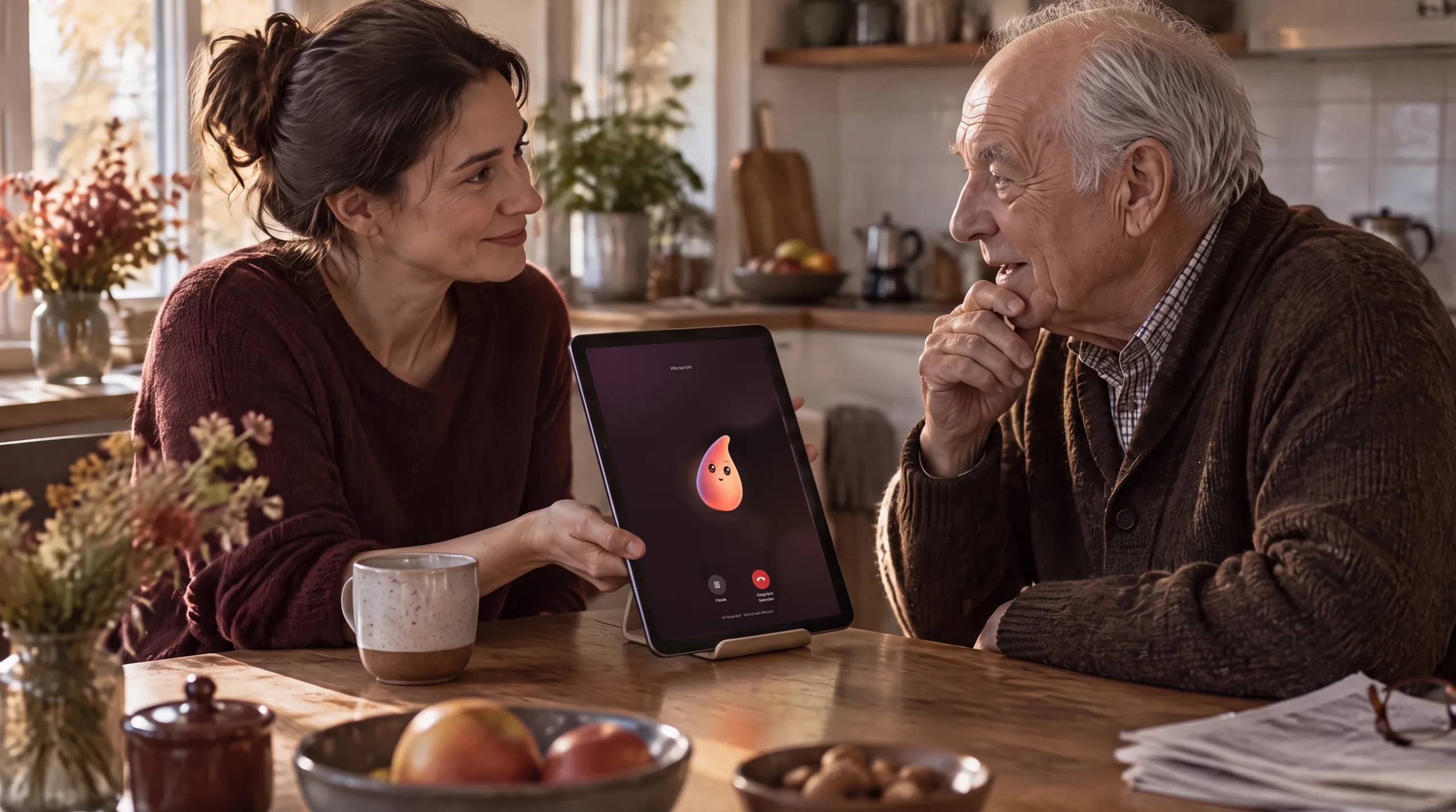 Eine Tochter und ihr Vater sitzen am Tisch, vor ihnen ein Tablet mit Vita
