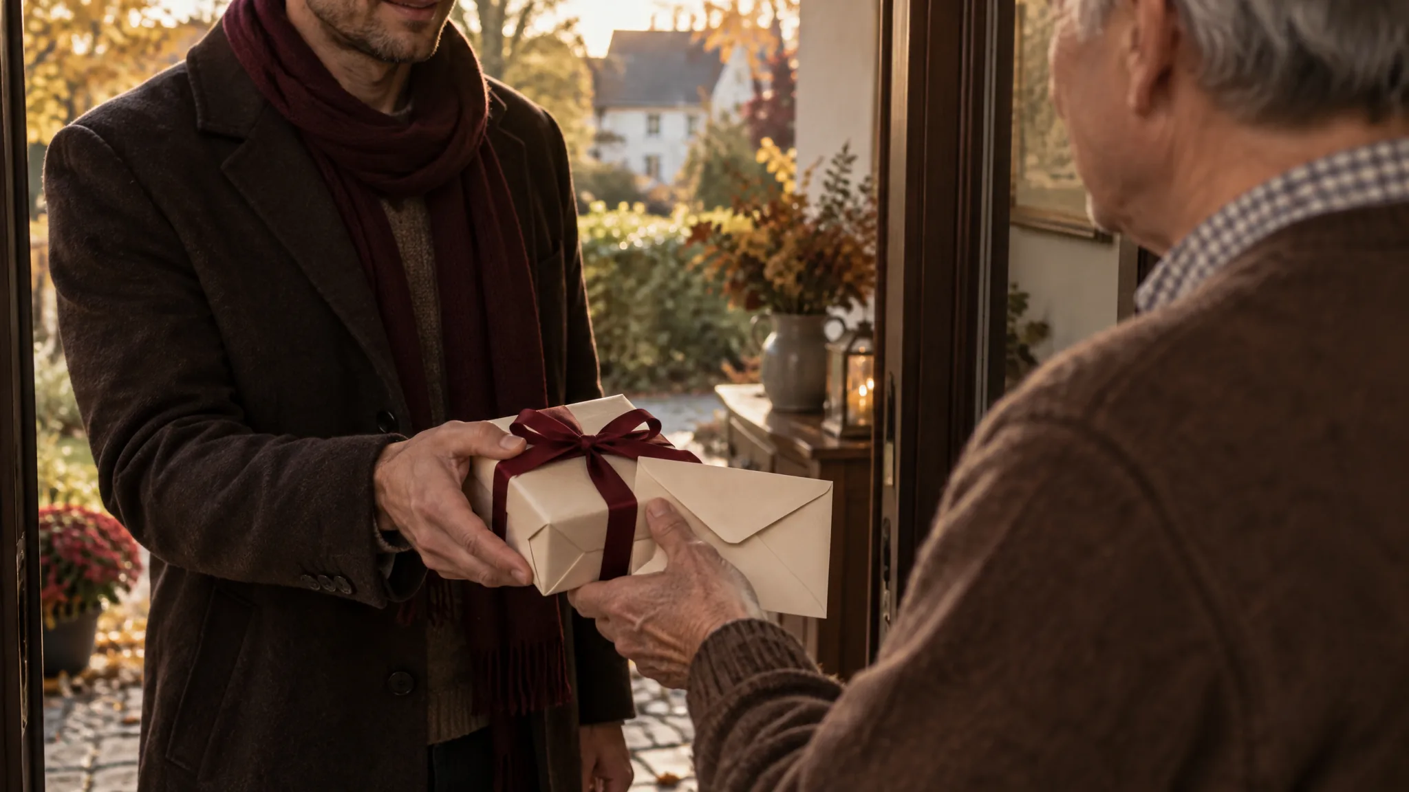 Ein Sohn überreicht seinem Vater an der Haustür ein Geschenk und einen Brief