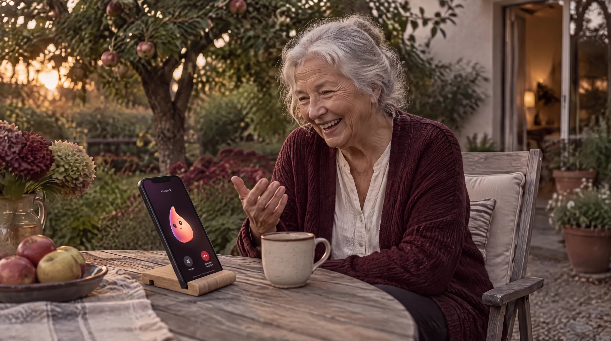 Eine ältere Dame lacht im Garten, vor ihr ein Handy mit Vita