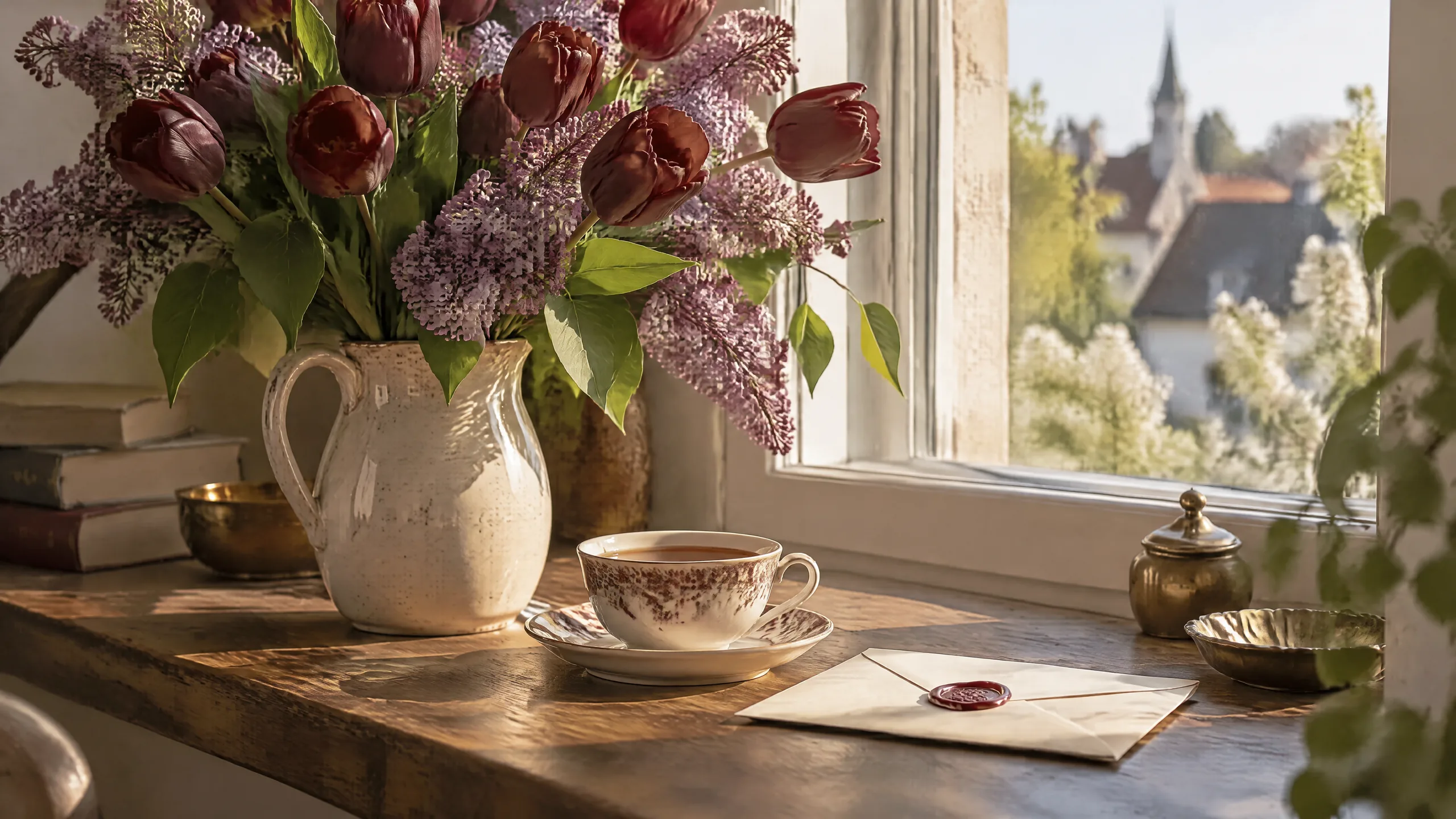 Tulpen, eine Teetasse und ein versiegelter Brief auf der Fensterbank