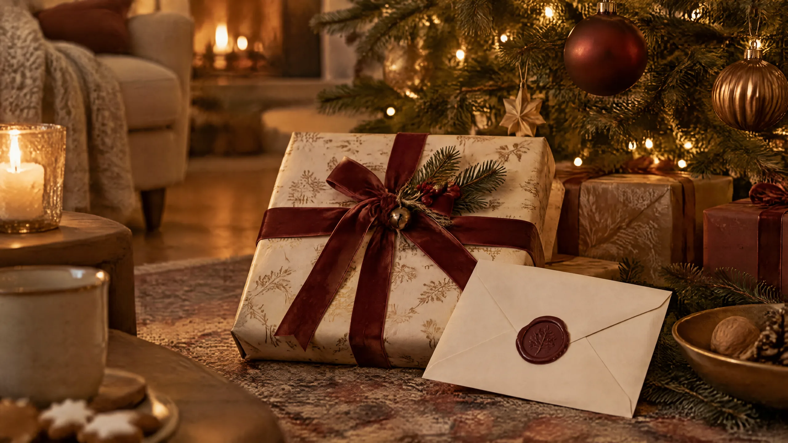 Das verpackte Lebensbuch und ein versiegelter Brief unter dem Weihnachtsbaum