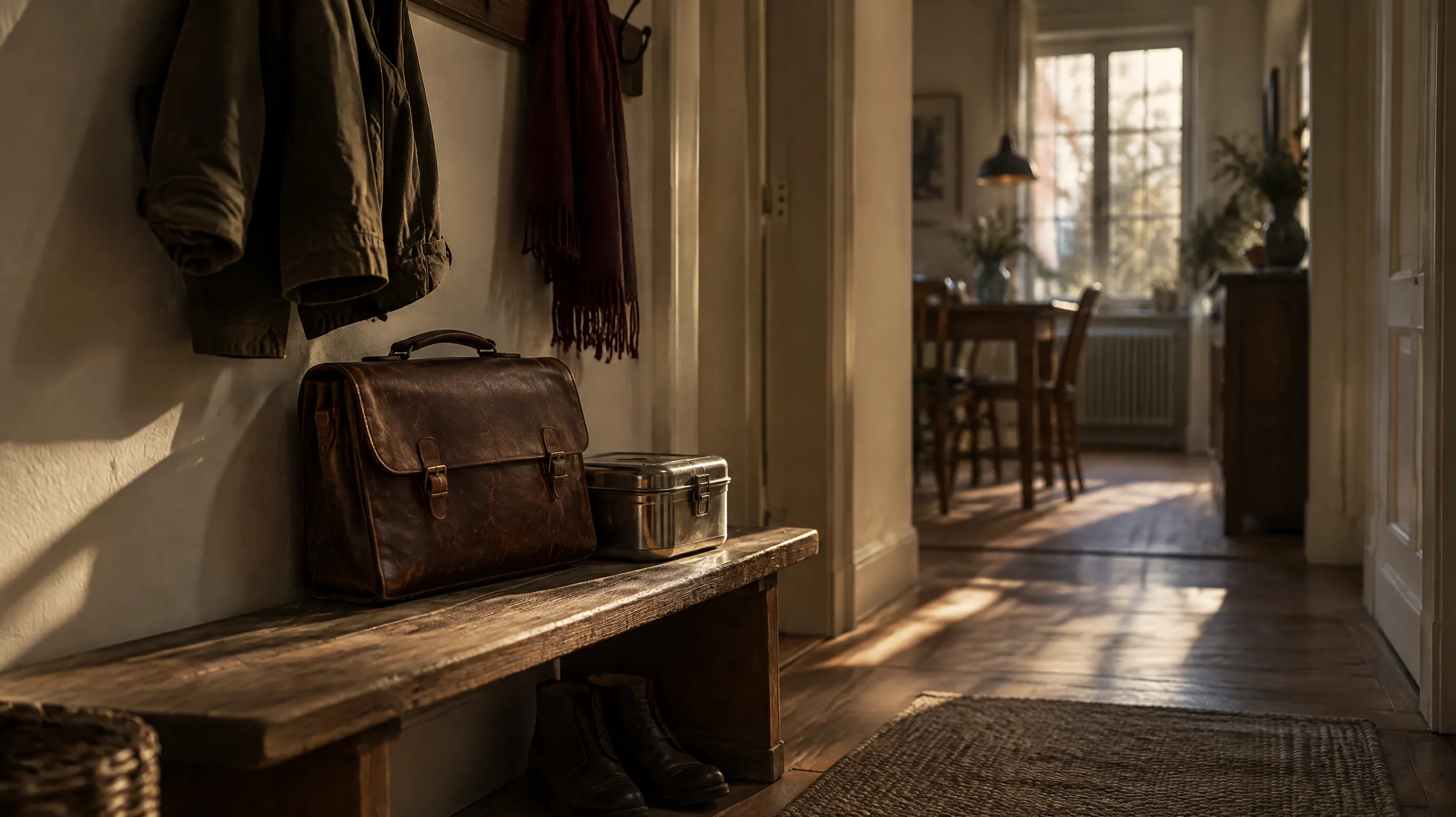 Ein Flur mit Arbeitsjacke und Aktentasche an der Garderobe