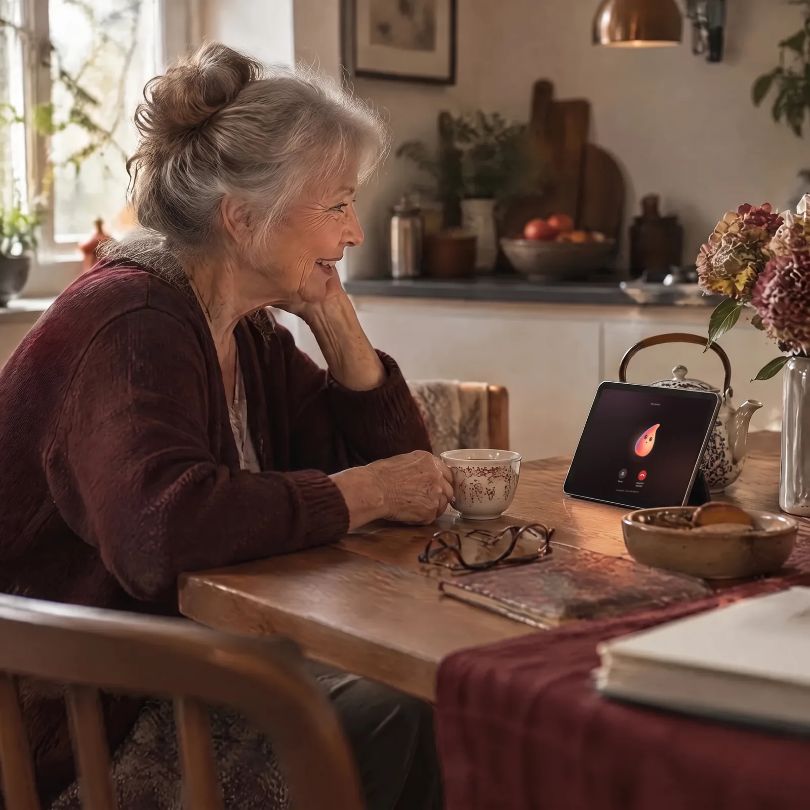 Eine ältere Dame erzählt am Küchentisch, vor ihr ein Tablet mit Vita