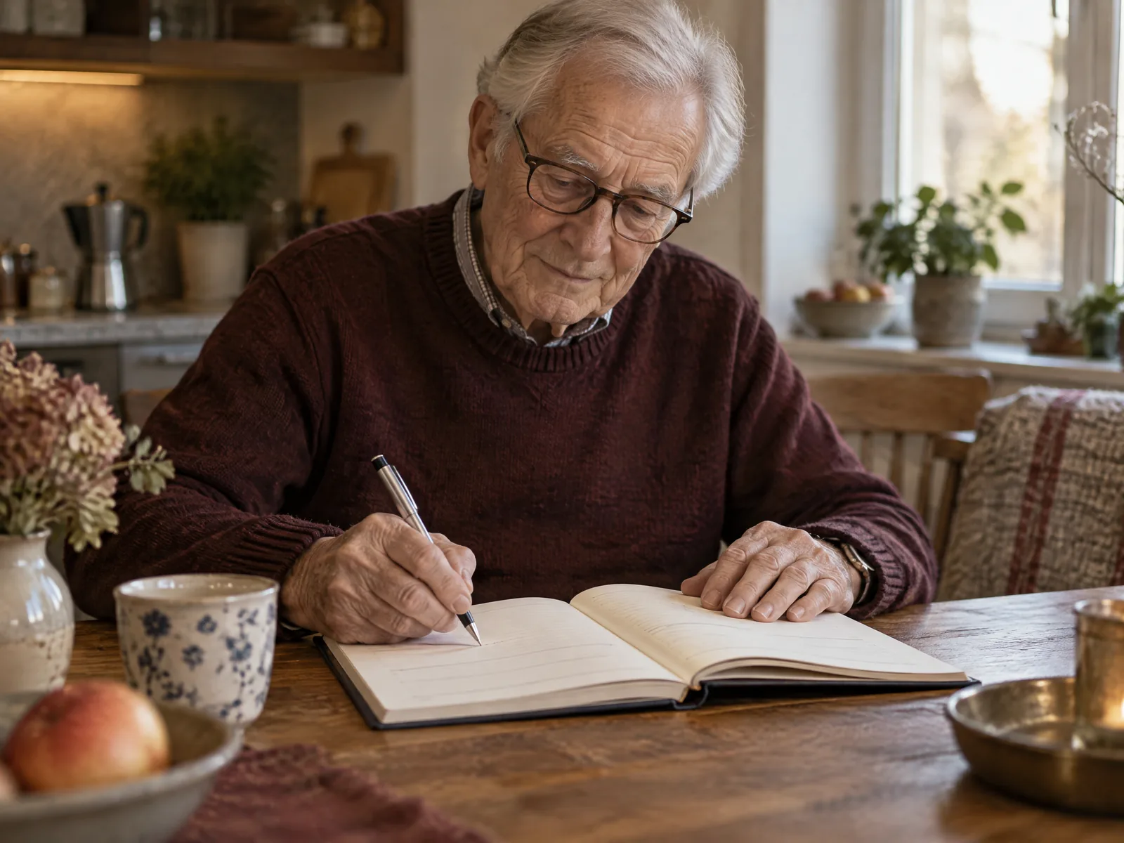 Ein älterer Herr schreibt in ein Buch