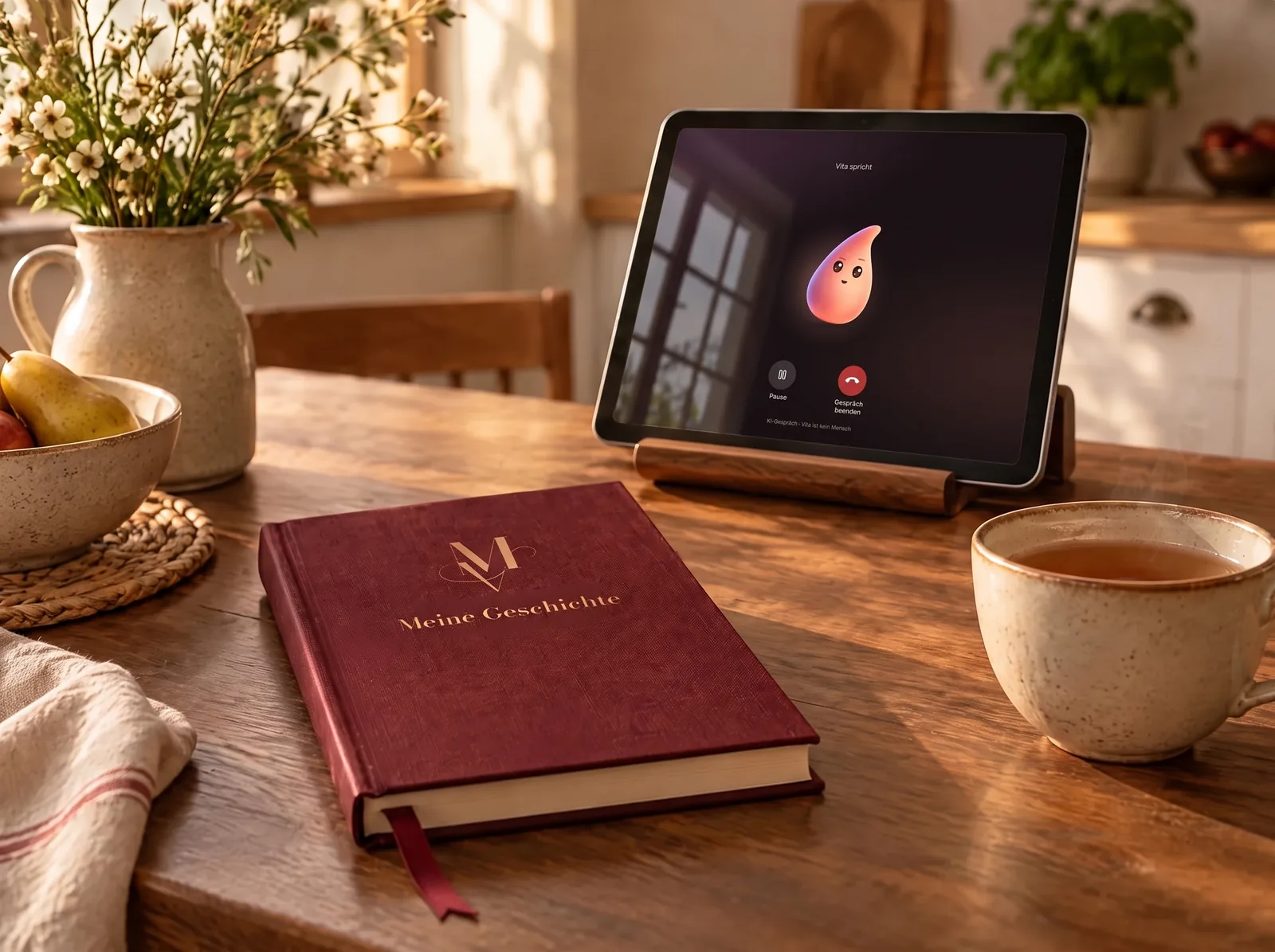 Ein Tablet mit Vita neben dem Lebensbuch